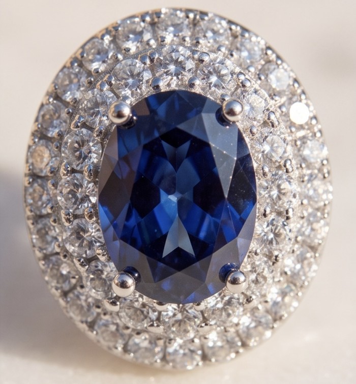 Giovanna - Authentic oval cut 4.9 carat Tanzanite .925 Sterling Silver handcrafted earrings - Close-up of oval-cut Tanzanite ring with diamond halo setting.