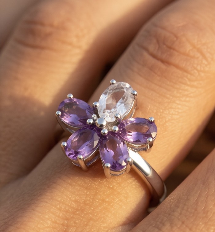 Victoria 6.5 carat Amethyst rhodium over .925 Sterling Silver Handcrafted Ring size 8 - Amethyst ring close-up, worn on hand, featuring flower-shaped design.