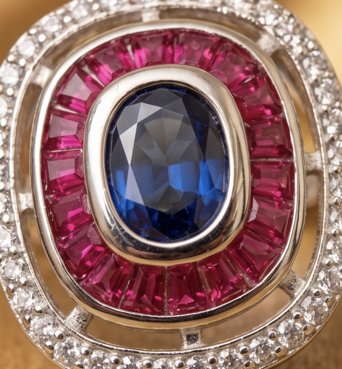 Art Deco 8.6 ctw Colombian Sapphire Rhodium over .925 Sterling Silver handcrafted Statement Ring size 8 - Stone close-up of Art Deco Colombian Sapphire ring with rubies and diamonds