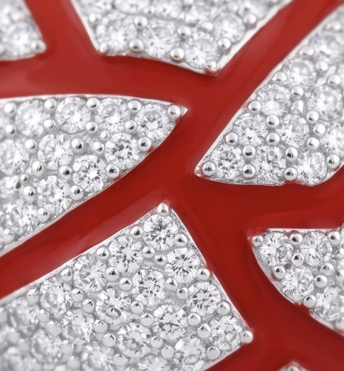 Lava Heart Luxurious 8.4 carat White Topaz .925 Sterling Silver handcrafted pendant - Close-up of white topaz and red enamel design on jewelry.