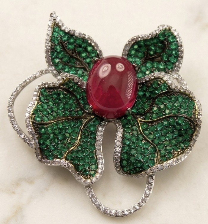 Giovanna - 18.5 carat Authentic Kashmir Ruby pave 4.2 carat Emerald .925 Sterling Silver handcrafted Pendant and Brooch - Close-up of Giovanna brooch with ruby and emerald pavé detailing.
