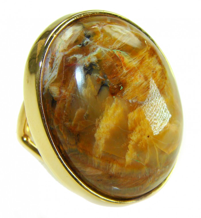 Large Silky Golden Pietersite 14K Gold over .925 Sterling Silver handmade Ring size 8 1/4 - Close-up of large silky golden pietersite ring in gold setting.