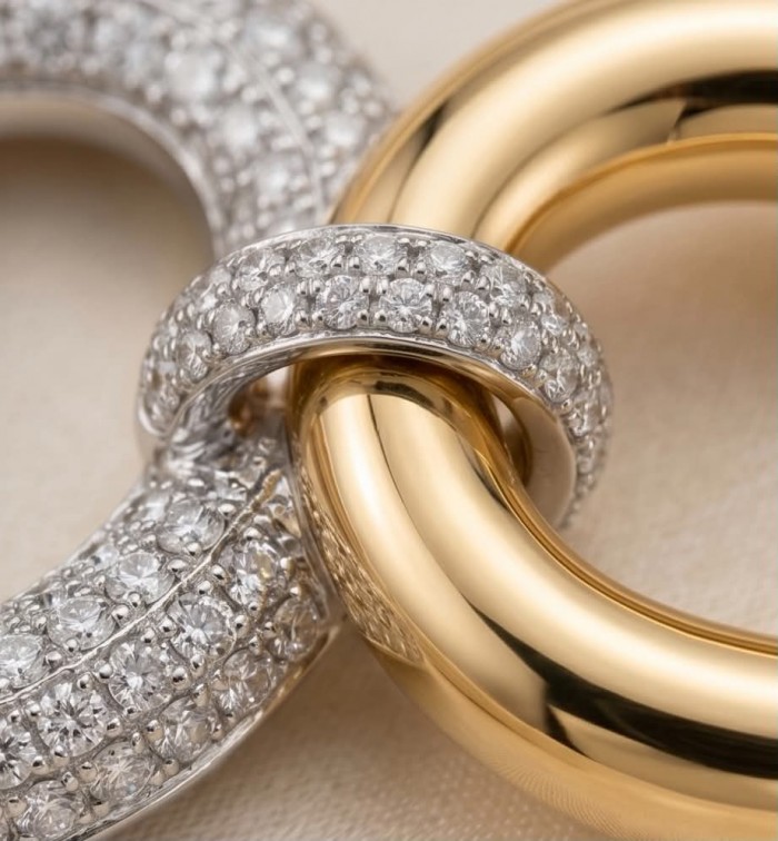 TIFFANY - LUXURIUS - Natural 22K Gold over .925 Sterling Silver handmade earrings - Close-up of interlocking gold and diamond-encrusted rings.