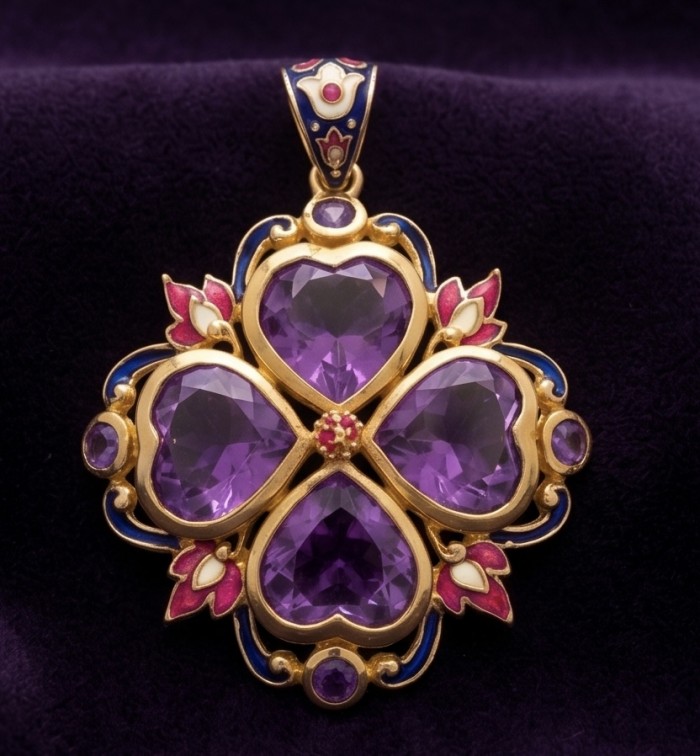 Countless Blessings Genuine 28.5 carat Authentic Amethyst enamel 22K Gold over .925 Sterling Silver handmade Pendant - Pendant close-up, heart-shaped amethysts and gold detailing on purple fabric.