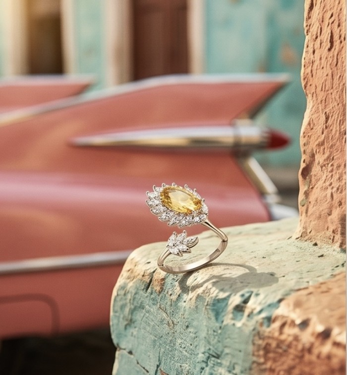 Vivien Luxurious Style - Natural 7.2 carat yellow Sapphire .925 Sterling Silver dipped in Rhodium handmade ring size 8 1/2 - Yellow sapphire ring on textured surface with vintage car background
