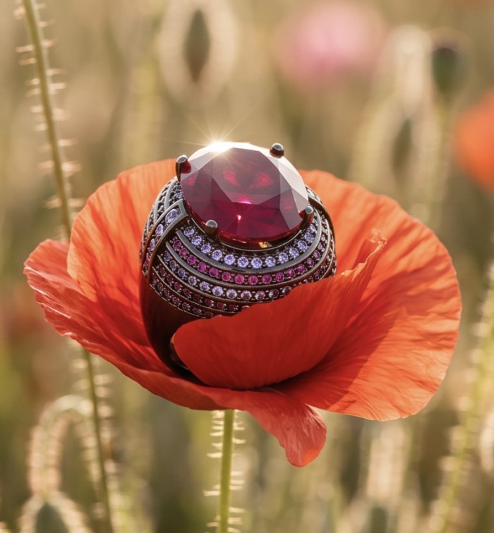 Bella Rosa Genuine 12.5 CARAT Ruby black rhodium over .925 Sterling Silver Statement Ring size 7 - Close-up of Bella Rosa 12.5 Carat Ruby ring on a red flower.