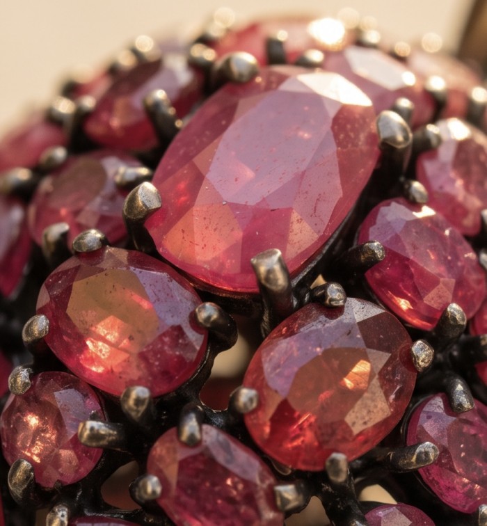 Giovanna 27.2 carat authentic Mozambique Ruby black rhodium .925 Sterling Silver handmade Pendant - Close-up of Mozambique ruby stones with black rhodium prongs.