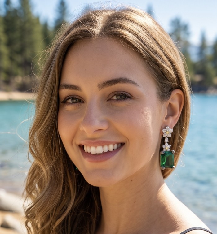 Tiffany - Authentic 14.8 CARAT Siberian Chrome Diopside rhodium over .925 Sterling Silver handcrafted earrings - Woman wearing emerald drop earrings by a lake with trees in the background.