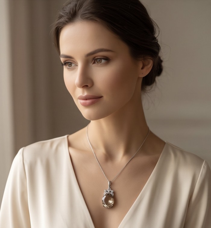 Luxury genuine 22.7 CARAT oval cut Champagne Topaz .925 Sterling Silver dipped in rhodium handmade Pendant - Woman wearing champagne topaz necklace, front view