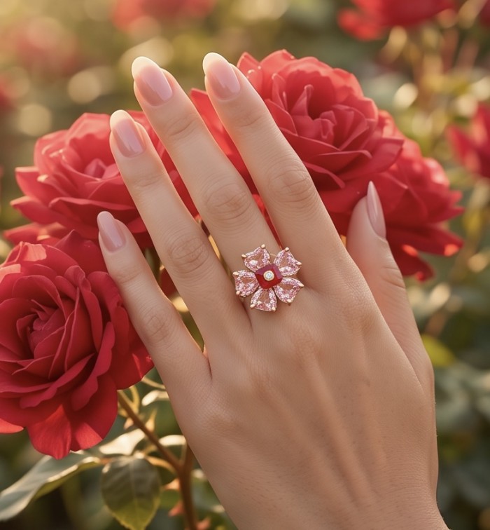 Cherry Blossom 27.5 carat Pink Amethyst 14K Gold over .925 Silver handcrafted Cocktail Ring s. 8 1/4 - Cherry Blossom ring worn on hand among red roses, top view.