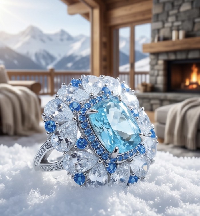 Paris Sky Blue 12.8 carat Swiss Blue Topaz .925 Sterling Silver dipped in rhodium handcrafted ring size 8 - Close-up of Paris Sky Blue Topaz ring on snowy background.