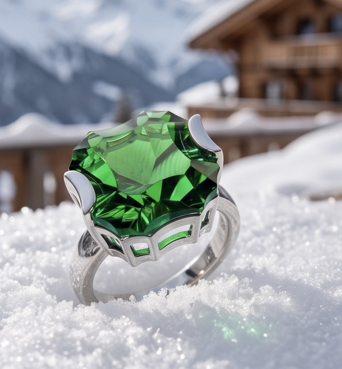 Exotic Beauty baquette cut 11.5 carat Helenite .925 Sterling Silver handmade Ring s. 8 1/4 - Close-up of Exotic Beauty ring with 11.5 carat green Helenite in snow.
