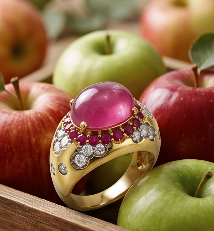 Giovanna 9.7 carat Kashmir Ruby .925 Sterling Silver dipped in 22K Gold handmade Statement Ring size 6 1/2 - Close-up of Giovanna Kashmir Ruby ring among apples