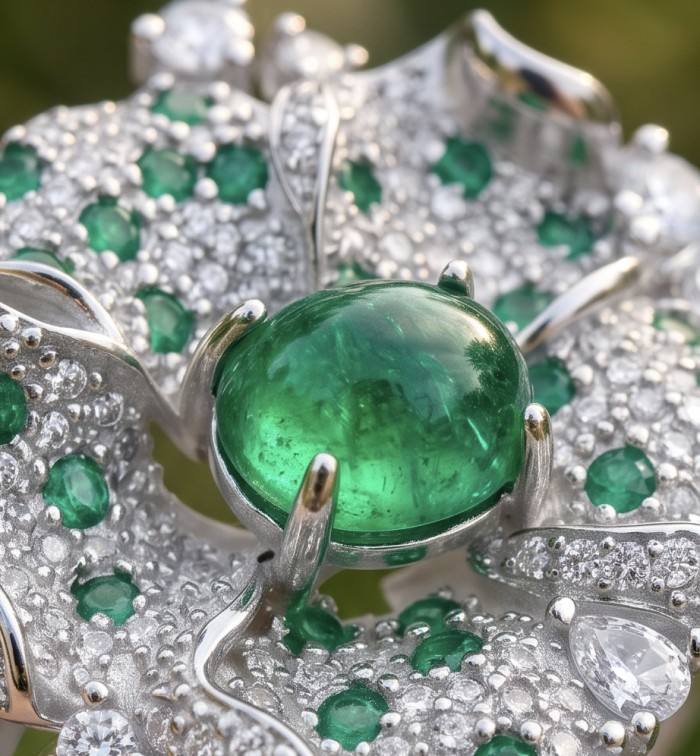 Dolce Vita 4.2 carat Colombian Emerald .925 Sterling Silver dipped in rhodium handmade Cocktail Ring s. 7 - Close-up of Dolce Vita Colombian emerald in .925 sterling silver setting