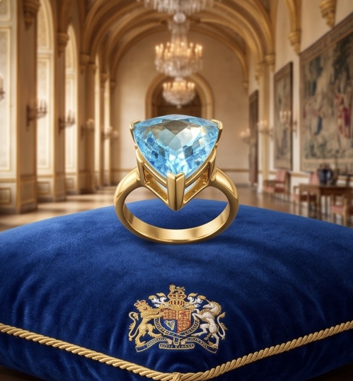 Aqua trillion cut 18.5 carat Swiss Blue Topaz 22K Gold over .925 Sterling Silver handcrafted ring size 7 - Swiss Blue Topaz ring on embroidered velvet pillow in a regal setting.