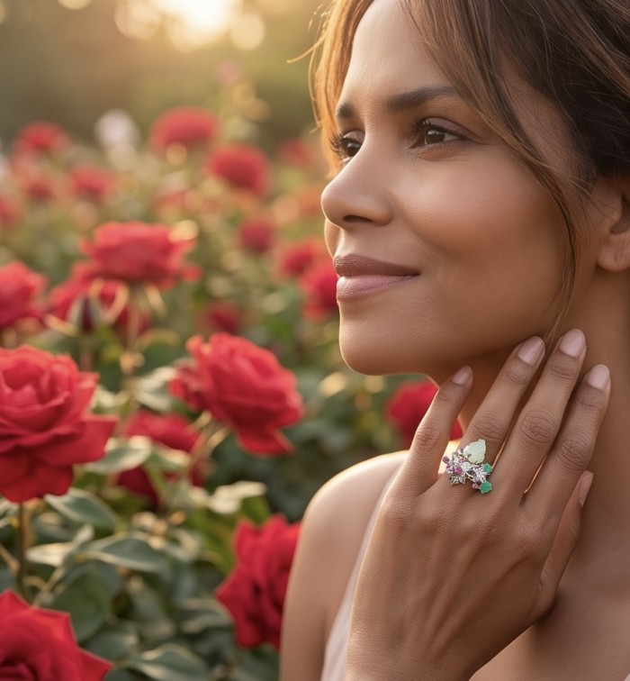 RARE BEAUTY! Valentina 28.2 carat CARVED Green Amethyst .925 Sterling Silver dipped in rhodium Statement handcrafted ring size 9 1/4 - Woman wearing Valentina Green Amethyst ring among red roses.