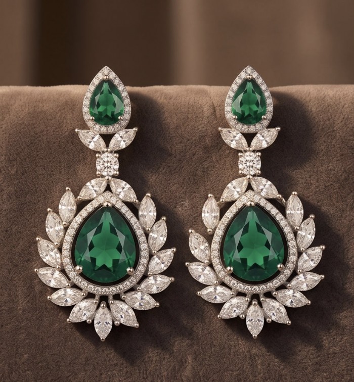 Magnificent Jewel 15.5 carat Colombian Emerald .925 Sterling Silver dippedin Rhodium handcrafted earrings - Elegant emerald and diamond earrings front view on velvet background