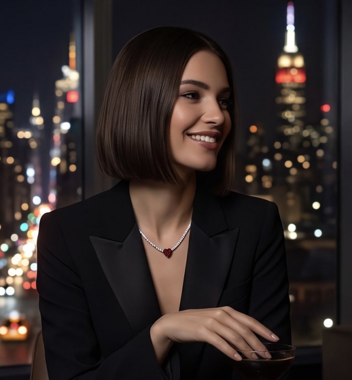 Red Heart - natural 8.5 carat Ruby .925 Sterling Silver handmade Statement necklace - Woman wearing Red Heart 8.5 ct Ruby necklace, city skyline backdrop