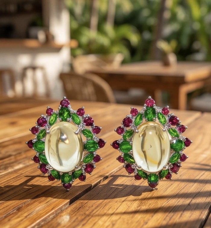 Bringer of Joy Authentic 29.9 carat Brazilian Citrine rhodium over .925 Sterling Silver brilliantly handcrafted Statement earrings - Close-up of Brazilian Citrine earrings with green and purple gemstones.