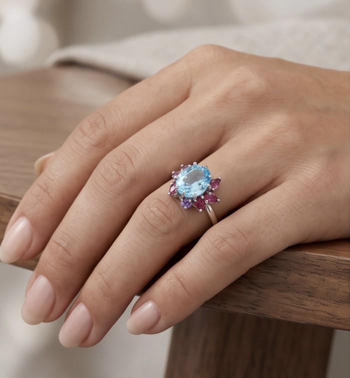 Pacifica 4.8 carat Swiss Blue Topaz .925 Sterling Silver handcrafted ring size 9 - Swiss Blue Topaz ring in sterling silver worn on a hand.