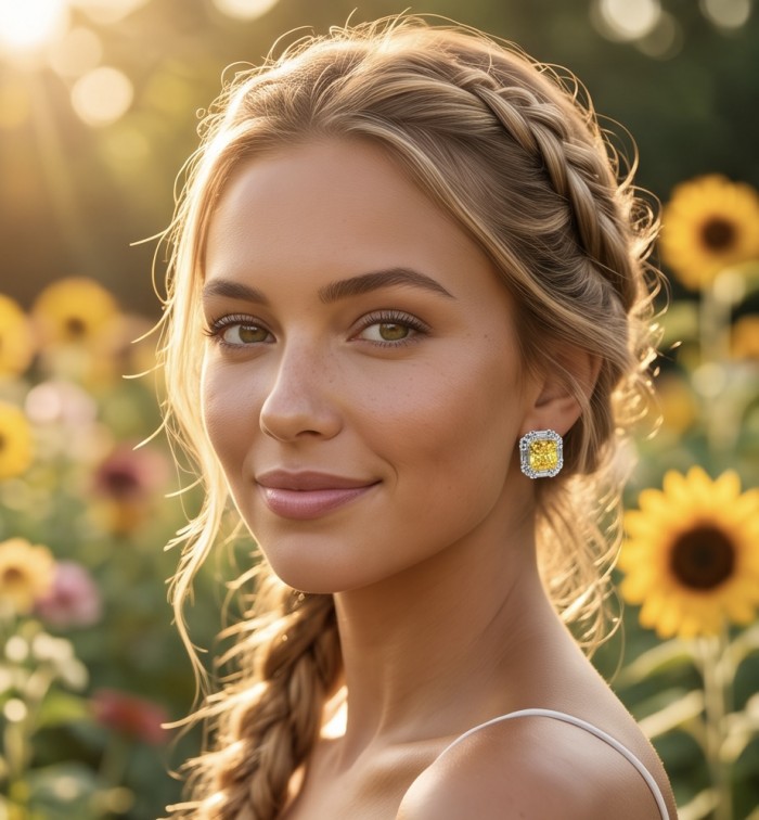 Art Deco 9.8 carat yellow Sapphire rhodium over .925 Sterling Silver handcrafted Statement Earrings - Side view of Art Deco yellow sapphire earrings worn in a sunflower field.