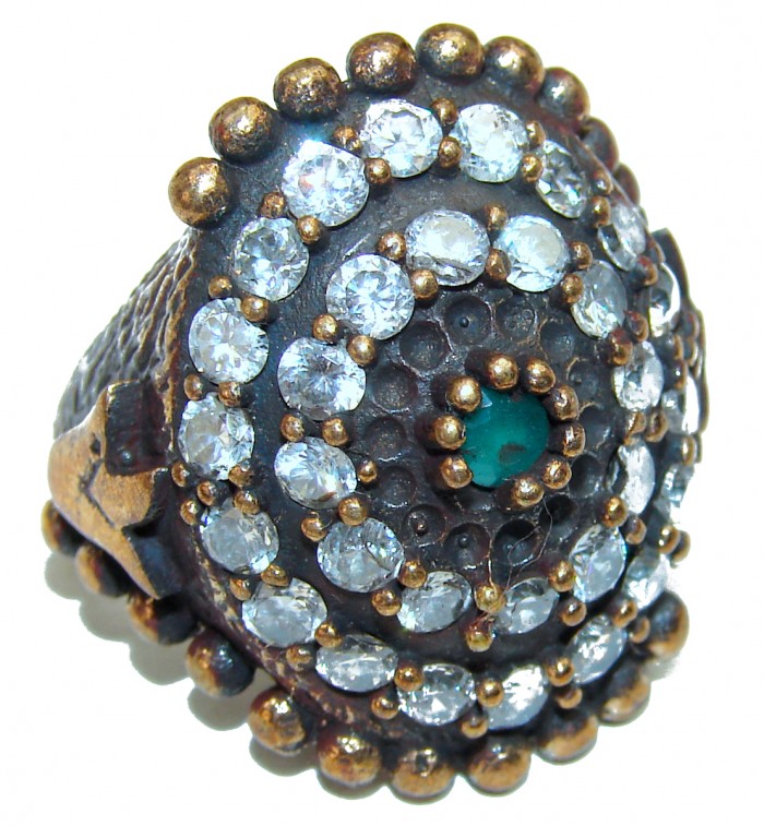 Victorian Style created Emerald & White Topaz Copper over Sterling Silver ring; s. 7 - photo 1