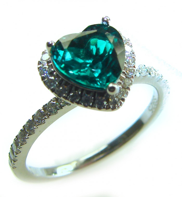 Precious Heart 4.8 carat natural Colombian Emerald .925 Sterling Silver handmade Statement Ring size 7 1/4 - Heart emerald ring close-up with diamond halo and sterling silver band