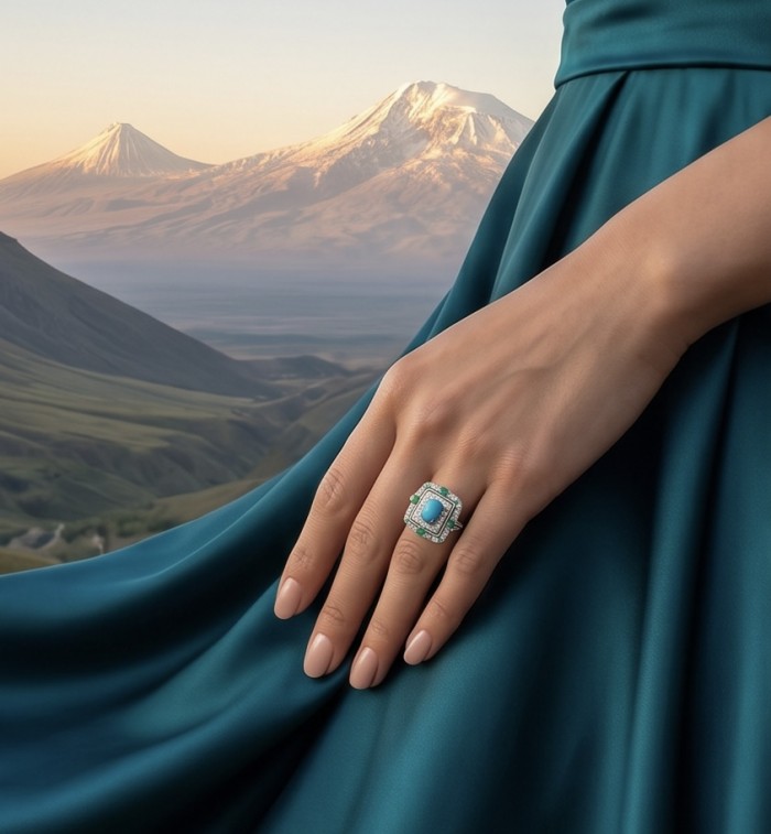 Art Deco - Pacifica - 18.4 carat Turquoise Emerald .925 Sterling Silver handmade Statement ring s. 8 adjustable - Art Deco Pacifica ring worn on hand with scenic mountain backdrop