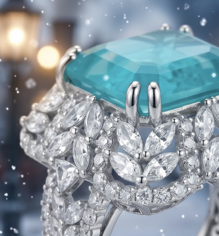 Elizabeth princess cut 14.8 carat Colombian Emerald 15.3 carat Moissanite .925 Sterling Silver dipped in Rhodium handcrafted Ring size 7 - Close-up of Elizabeth ring with Colombian emerald and diamond details