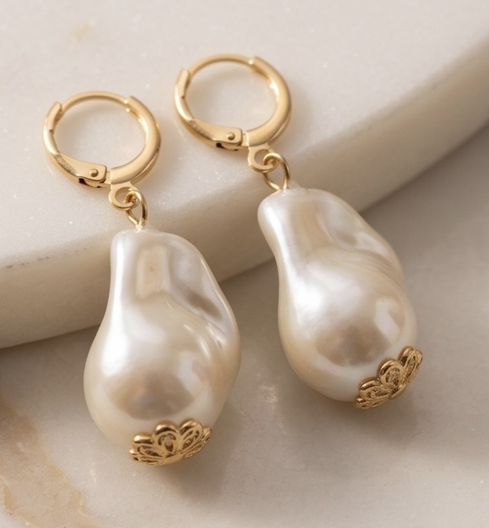 Baroque style Precious natural Mother of Pearl Golden handcrafted earrings - photo 4