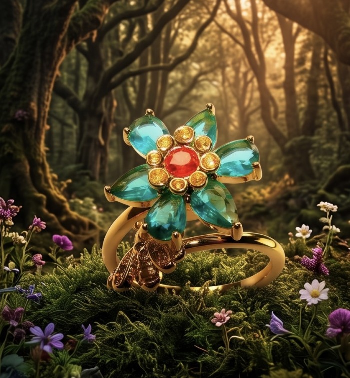 Spinning flower 6.5 carat genuine Green Topaz 14K Gold over .925 Sterling Silver handmade Statement Ring size 8 - Spinning flower ring with green topaz in forest setting, close-up view.