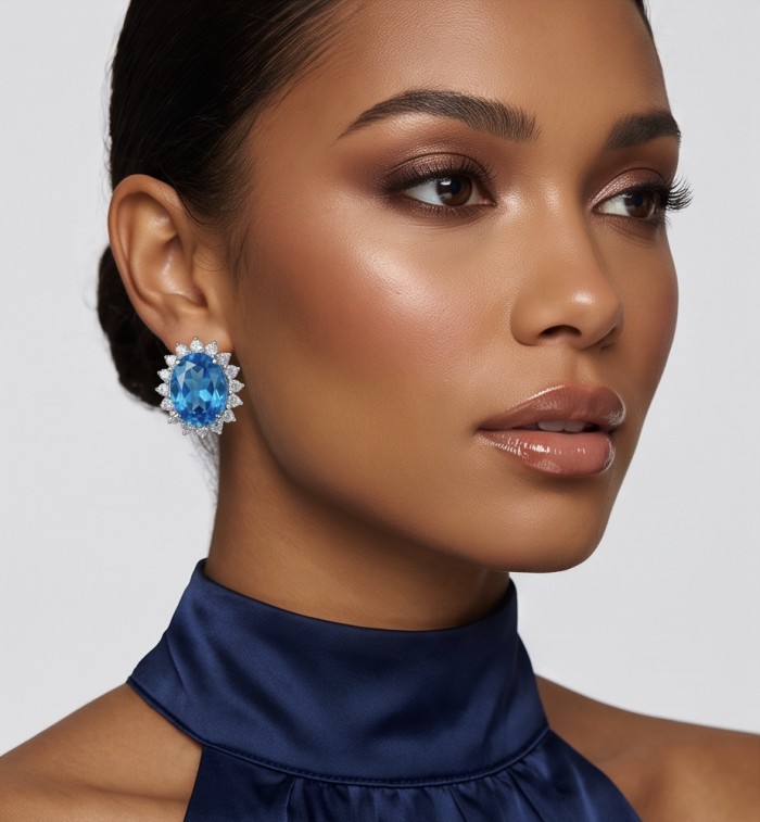 Atlantica 8.7 carat Swiss Blue Topaz .925 Sterling Silver Handcrafted earrings - Woman wearing Atlantica 8.7ct Swiss Blue Topaz earring, side view
