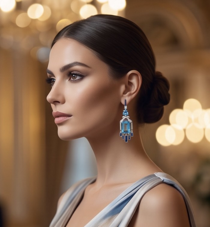 Atlantica - Art Deco- 10.7 carat Swiss Blue Topaz 0.8 CARAT Sapphire .925 Sterling Silver dipped in Rhodium Handcrafted Statement earrings - Side view of Atlantica earrings with 10.7 carat Swiss Blue Topaz.