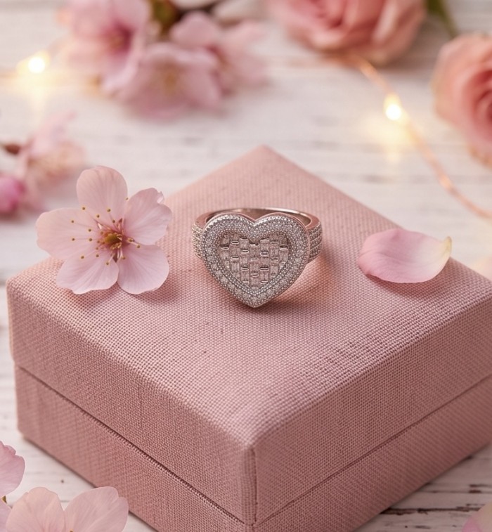 Art Deco Precious Heart - 10.5 carat White Sapphire .925 Sterling Silver Handcrafted Statement Ring size 7 1/2 - Heart-shaped sapphire ring on pink box with floral accents