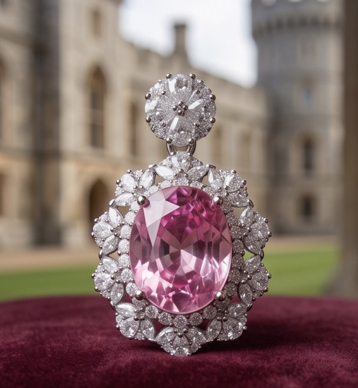 Tiffany Incredible oval cut 20.4 carat Pink Sapphire .925 Sterling Silver handcrafted pendant - Close-up of Tiffany 20.4 carat Pink Sapphire brooch with diamond accents