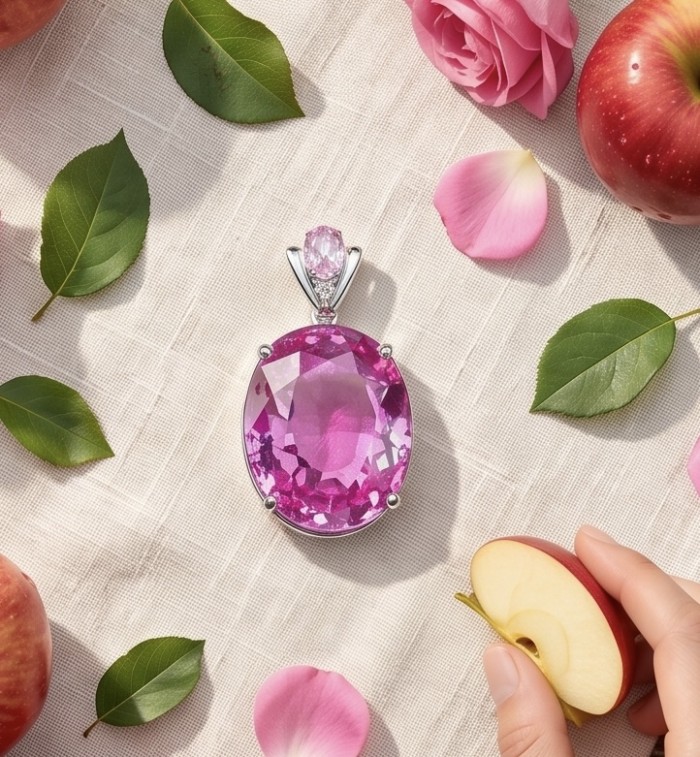 Incredible oval cut 27.8 carat Bubblegum Pink Sapphire .925 Sterling Silver handcrafted pendant - Close-up of 27.8 carat bubblegum pink sapphire pendant on linen.