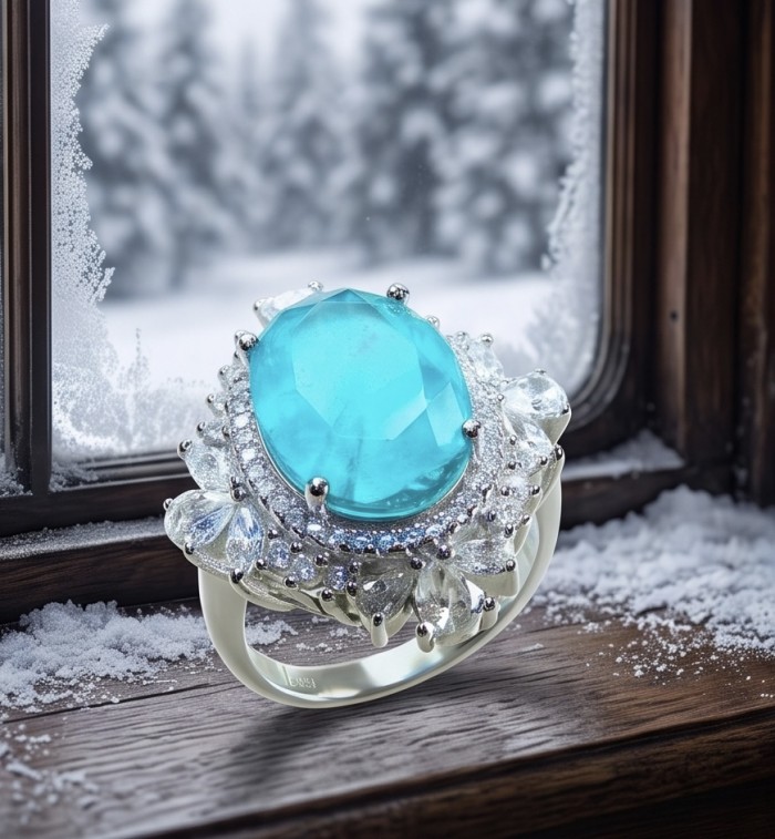 Mesmerizing 14.8 carat Aquamarine rhodium over .925 Sterling Silver handcrafted ring size 6 3/4 - Aquamarine ring close-up by frosted window, winter theme.