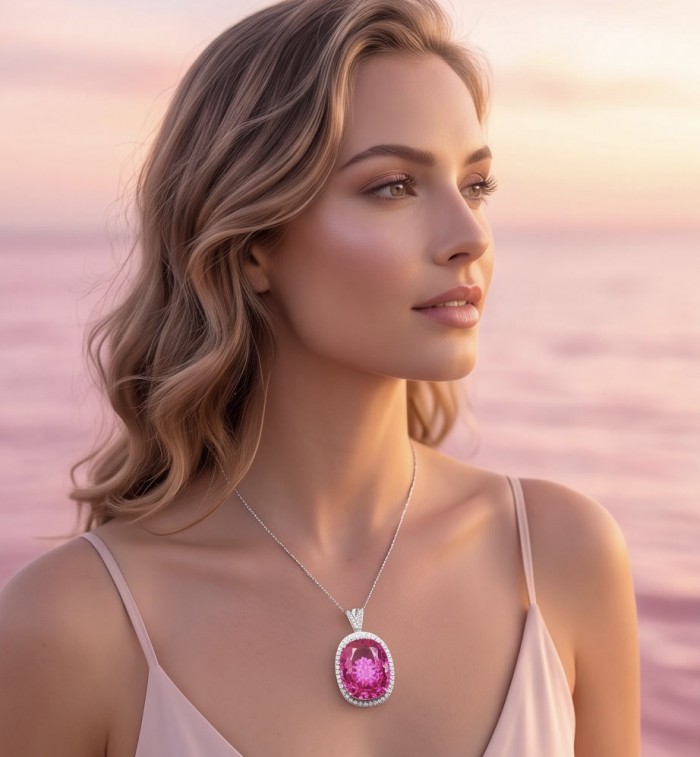 Angel's Wish Luxurious 36.7 carat Pink Sapphire Rhodium over .925 Sterling Silver handcrafted pendant - Woman wearing Angel's Wish 36.7 carat pink sapphire necklace by the sea.