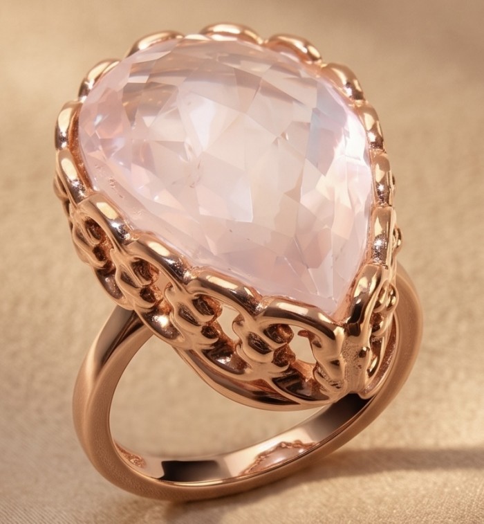 Top quality 22.2 carat Brazilian Rose Quartz .925 Sterling Silver dipped in 18K Rose Gold Handcrafted Ring size 8 - Close-up of 22.2 carat Brazilian Rose Quartz ring in rose gold setting.