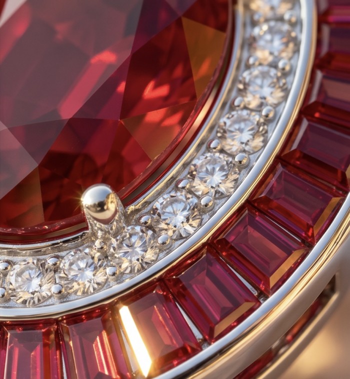 Precious - Art Deco 10.2 carat Ruby .925 Sterling Silver handmade earrings - Close-up of Art Deco ruby with diamonds in sterling silver setting