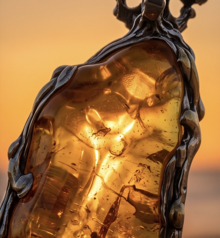 Massive Prehistoric Authentic Golden Baltic Amber rhodium over .925 Sterling Silver beautifully handcrafted Pendant - Stone close-up of golden Baltic amber in rhodium setting.