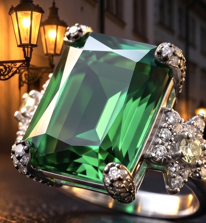 Esperanza - Luxurious baguette cut 22.7 carat Emerald rhodium over .925 Sterling Silver handcrafted Ring s. 7 - Close-up of Jolie emerald ring with intricate setting in evening light.