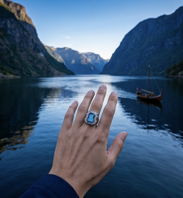 Blue Rhapsody - 18.5 carat natural Swiss Blue Topaz .925 Sterling Silver dipped in 22K Gold handcrafted Large Statement Ring size 7 1/2 - Worn on hand, Blue Rhapsody ring with natural Swiss Blue Topaz.