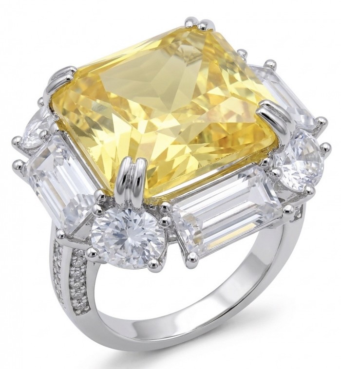 Art Deco - Luxurious asscher cut 15.7 carat Yellow Sapphire rhodium over .925 Sterling Silver handcrafted Ring s. 6 - Luxurious yellow sapphire ring close-up with diamond accents