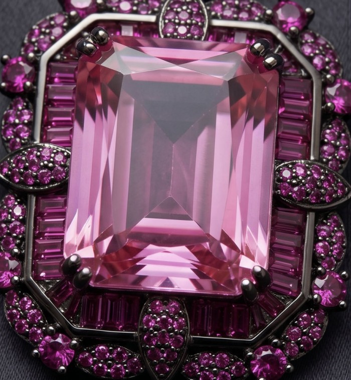 Anastasia 20.7 carat Pink Sapphire black rhodium over .925 Sterling Silver Handcrafted Statement necklace - Close-up of Anastasia 20.7ct pink sapphire with black rhodium setting.