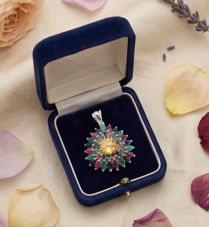 Victoria Authentic 10.5 carat Brazilian Citrine .925 Sterling Silver brilliantly handcrafted Statement Pendant - Pendant with citrine center in blue box, top view on floral background