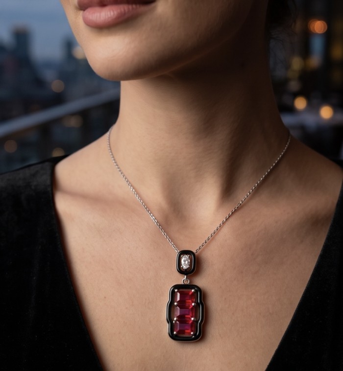 Art Deco - Bella Rosa Genuine 5.8 carat Ruby .925 Sterling Silver dipped in rhodium Statement brilliantly handcrafted Pendant - Worn on neck: Art Deco Bella Rosa Ruby Sterling Silver Pendant