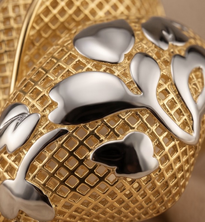Dubai Style - .925 Sterling Silver dipped in 22K Gold handmade Large ring size 9 1/2 - Close-up of silver and gold textured pattern on jewelry piece.
