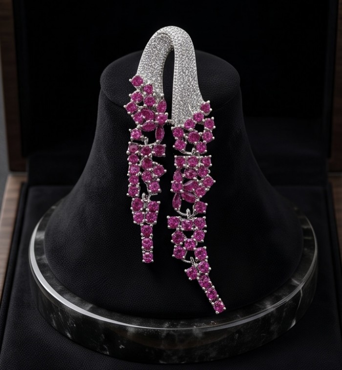 Carolyn 6.5 carat Mozambique Ruby rhodium over .925 Sterling Silver handcrafted pendant - Front view of Carolyn ruby and sterling silver earrings.