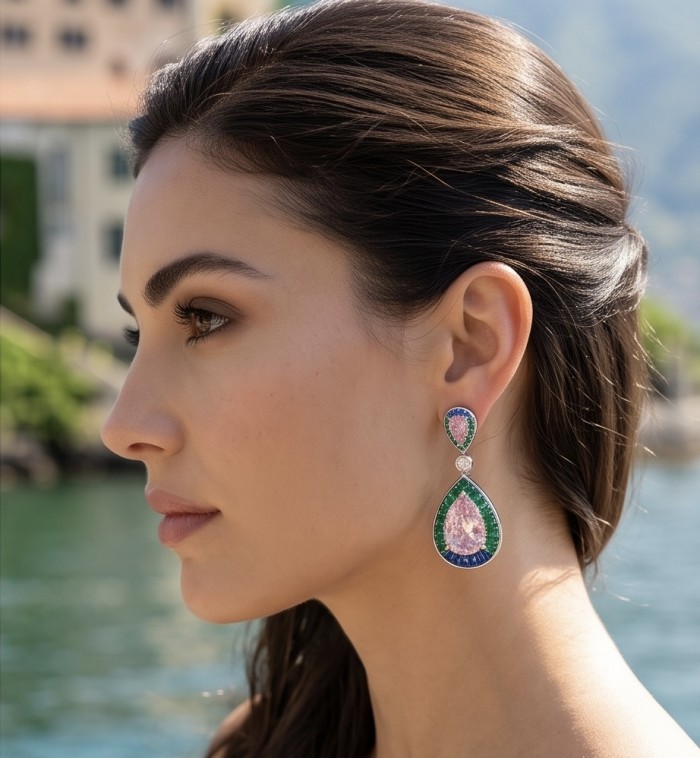 Emily - Art Deco - Precious genuine 12.2 carat Kunzite rhodium over .925 Sterling Silver handcrafted earrings - Side view of Emily Art Deco earrings with 12.2 carat kunzite rhodi.